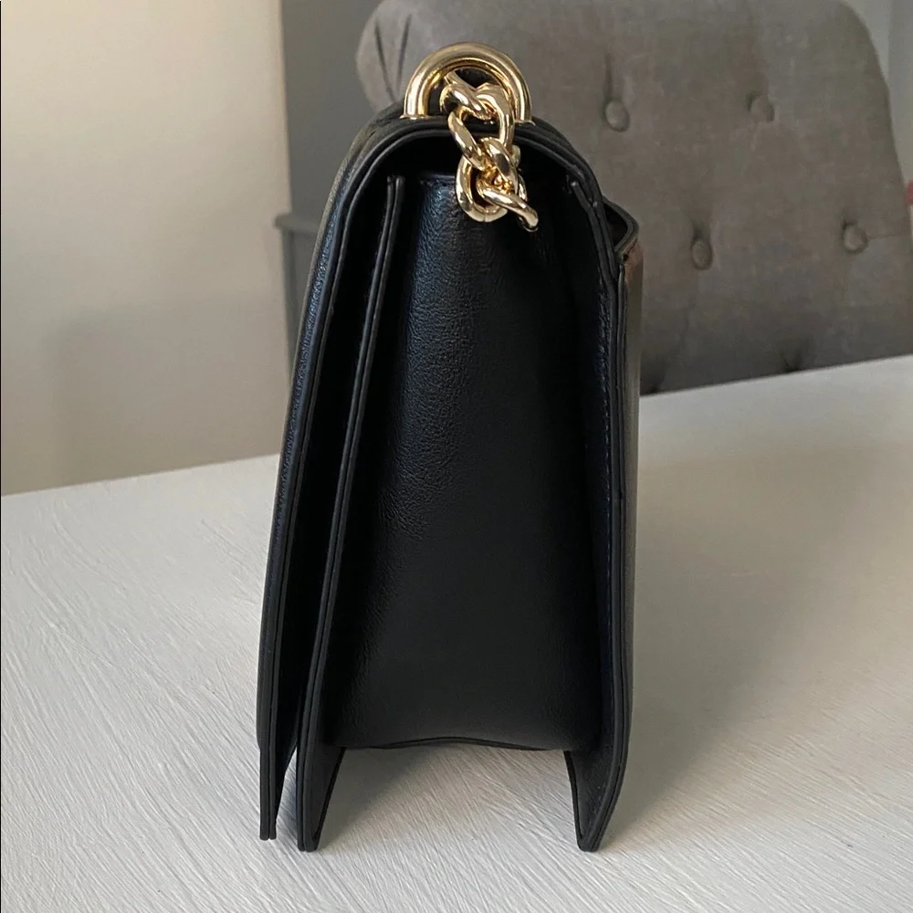 INC Black Leather Quilted Flap Crossbody Shoulder Bag Gold Turn-Lock Chain